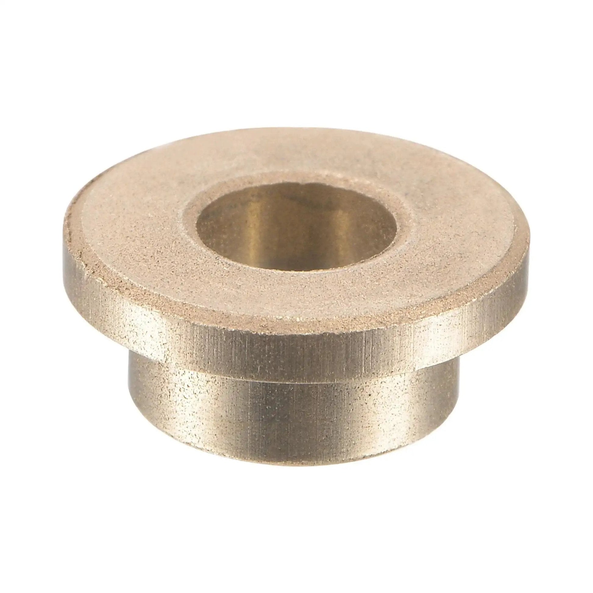 Close-up of a sintered bronze flange sleeve bearing, 6mm bore, 10mm OD, showing flange thickness of 2mm and 14mm diameter.