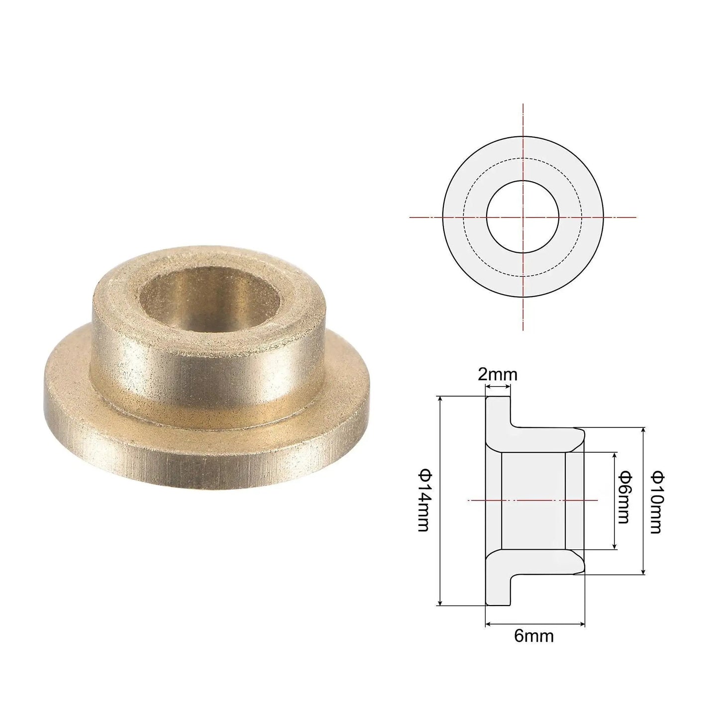 Flange Sleeve Bearings For 6mm Bore 10mm OD 6mm Length With 14mm Flange Diameter And 2mm Flange Thickness Sintered Bronze