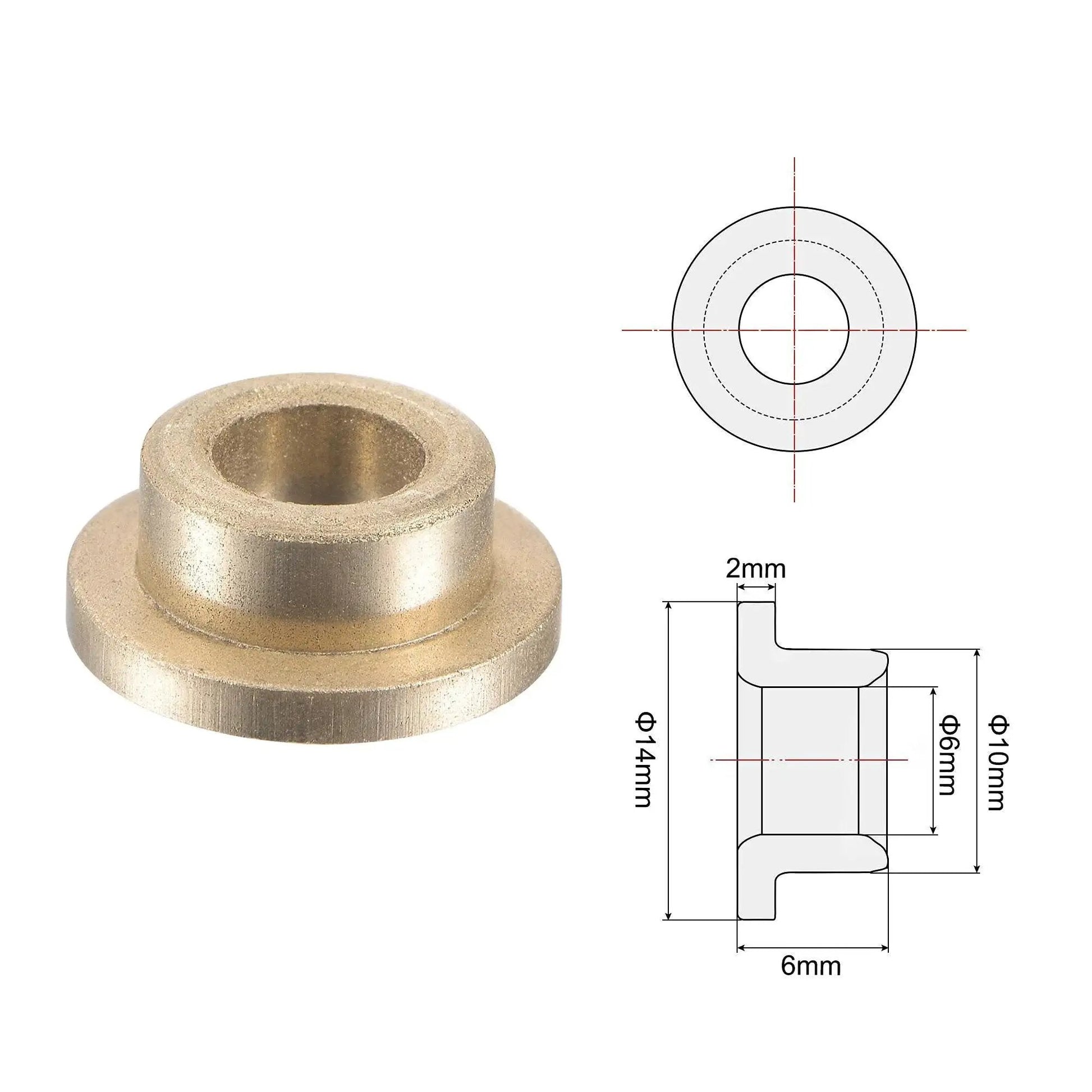 Flange Sleeve Bearings For 6mm Bore 10mm OD 6mm Length With 14mm Flange Diameter And 2mm Flange Thickness Sintered Bronze