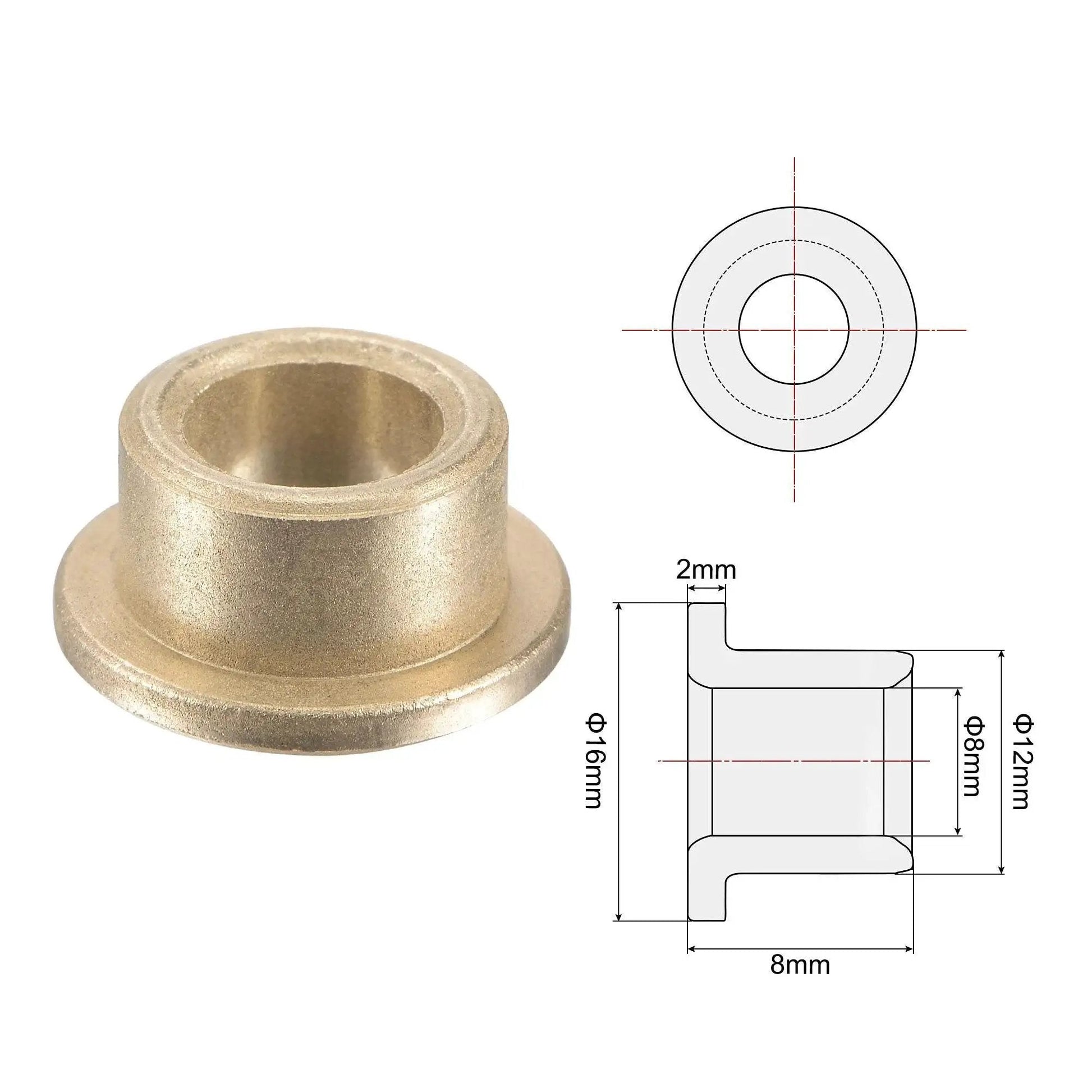 Flange Sleeve Bearing 8mm Bore 12mm OD 8mm Length 16mm Flange Diameter 16mm Flange Thickness 2mm Sintered Bronze Self Lubricating Bushing