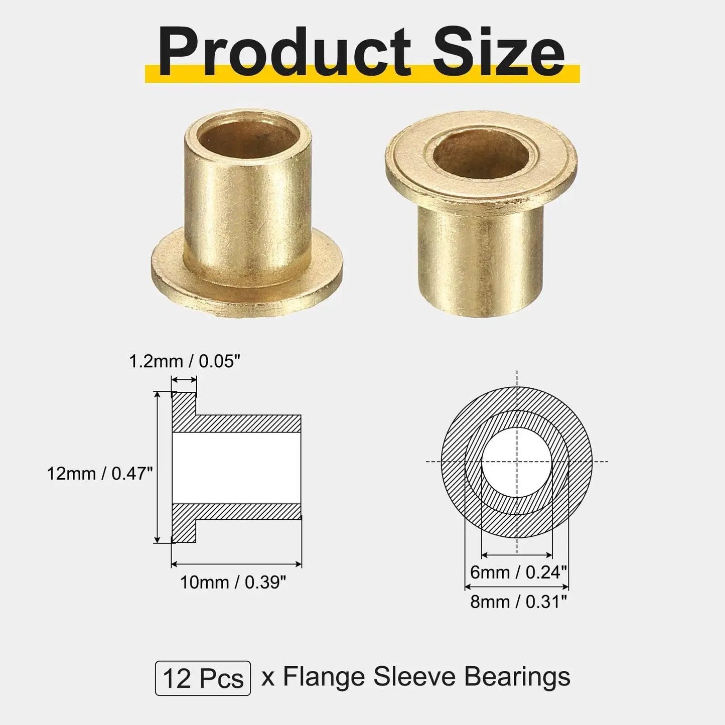 Diagram showing 12 Pcs Sintered Bronze Flange Sleeve Bearings 6mm Bore 8mm OD 10mm Length With 12mm Flange Diameter and dimensions