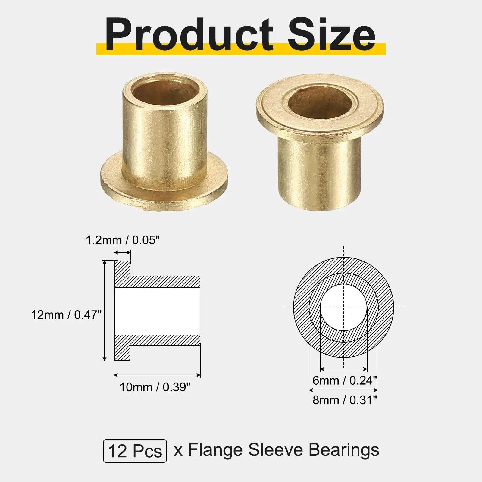 Diagram showing 12 Pcs Sintered Bronze Flange Sleeve Bearings 6mm Bore 8mm OD 10mm Length With 12mm Flange Diameter and dimensions