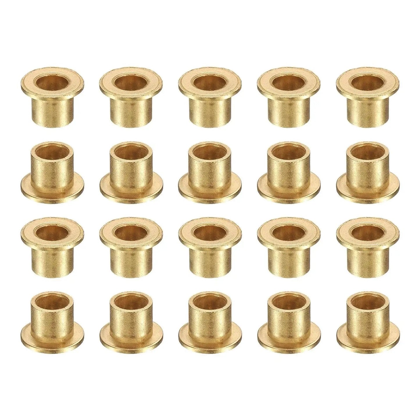 Premium 20 Piece Flange Sleeve Bearings Set With 6mm Bore 8mm Outer Diameter 8mm Length 12mm Flange Diameter And 1.2mm Flange Thickness Self Lubricating Sintered Bronze Bushings For CNC DIY Projects Machinery And Automotive displayed in rows.