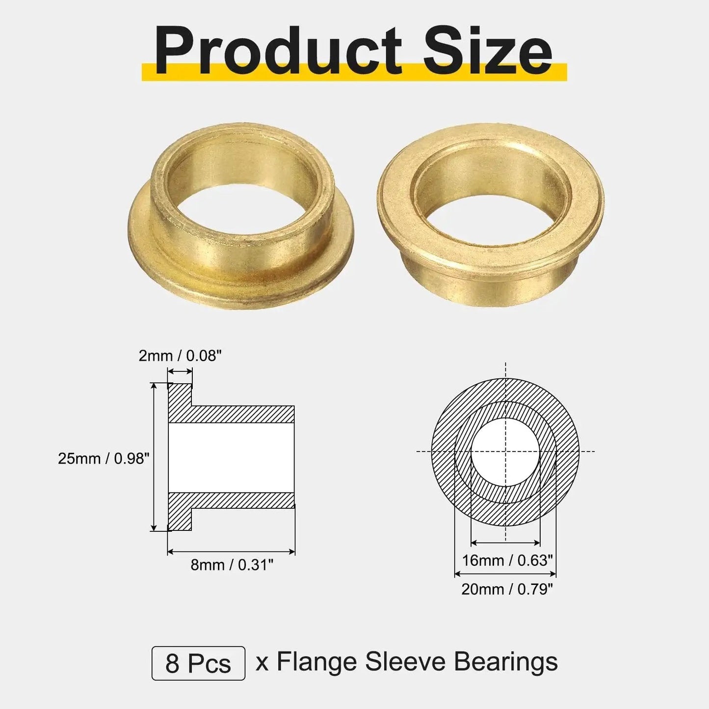 Eight Pieces Flange Sleeve Bearings 16mm Bore 20mm Outer Diameter 8mm Length shown with size diagram