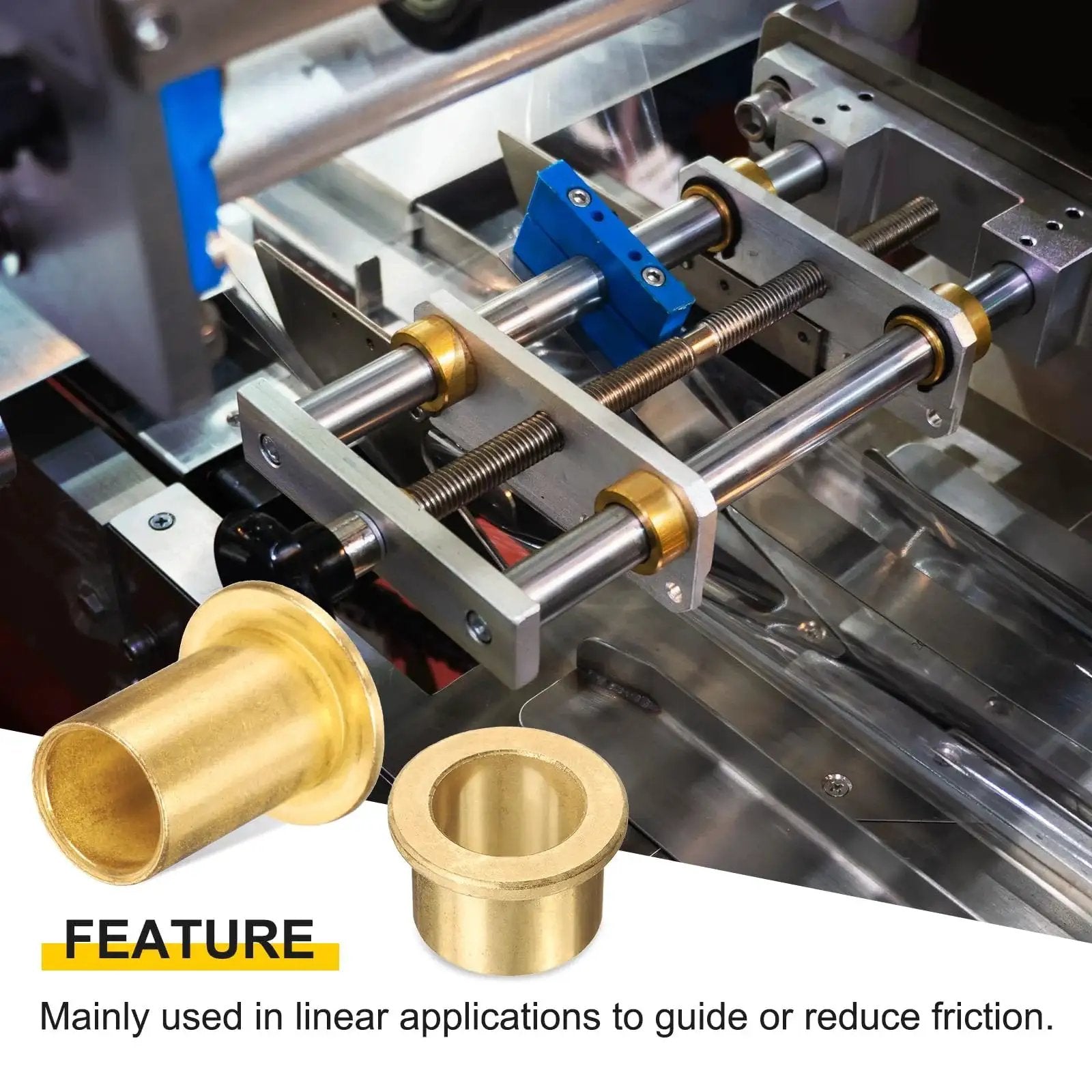 Six Piece Self Lubricating Flange Sleeve Bearings Set for 10mm bore and 12mm OD in machine installation, sintered bronze material