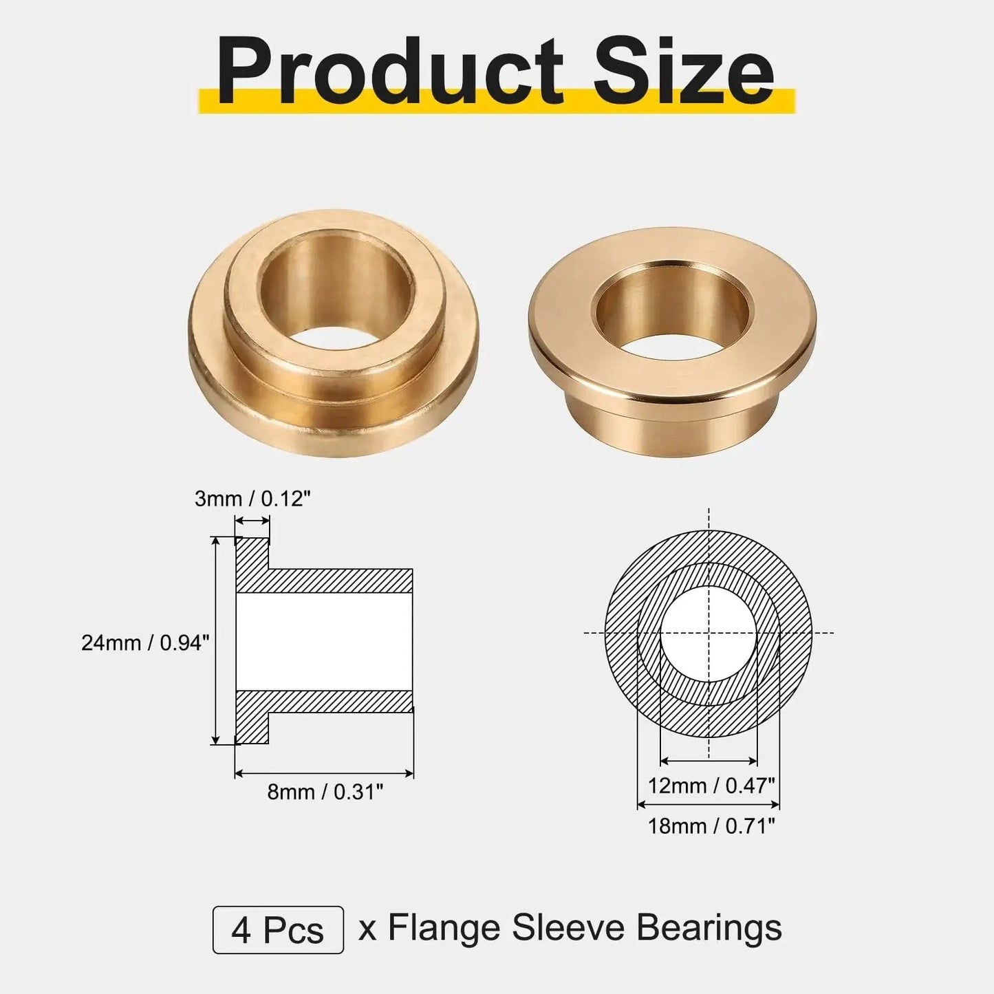 Diagram of Four Piece Flange Sleeve Bearings 12mm Bore 18mm OD 8mm Length Flange Diameter 24mm 3mm Flange Thickness, 4-pack bronze bushings