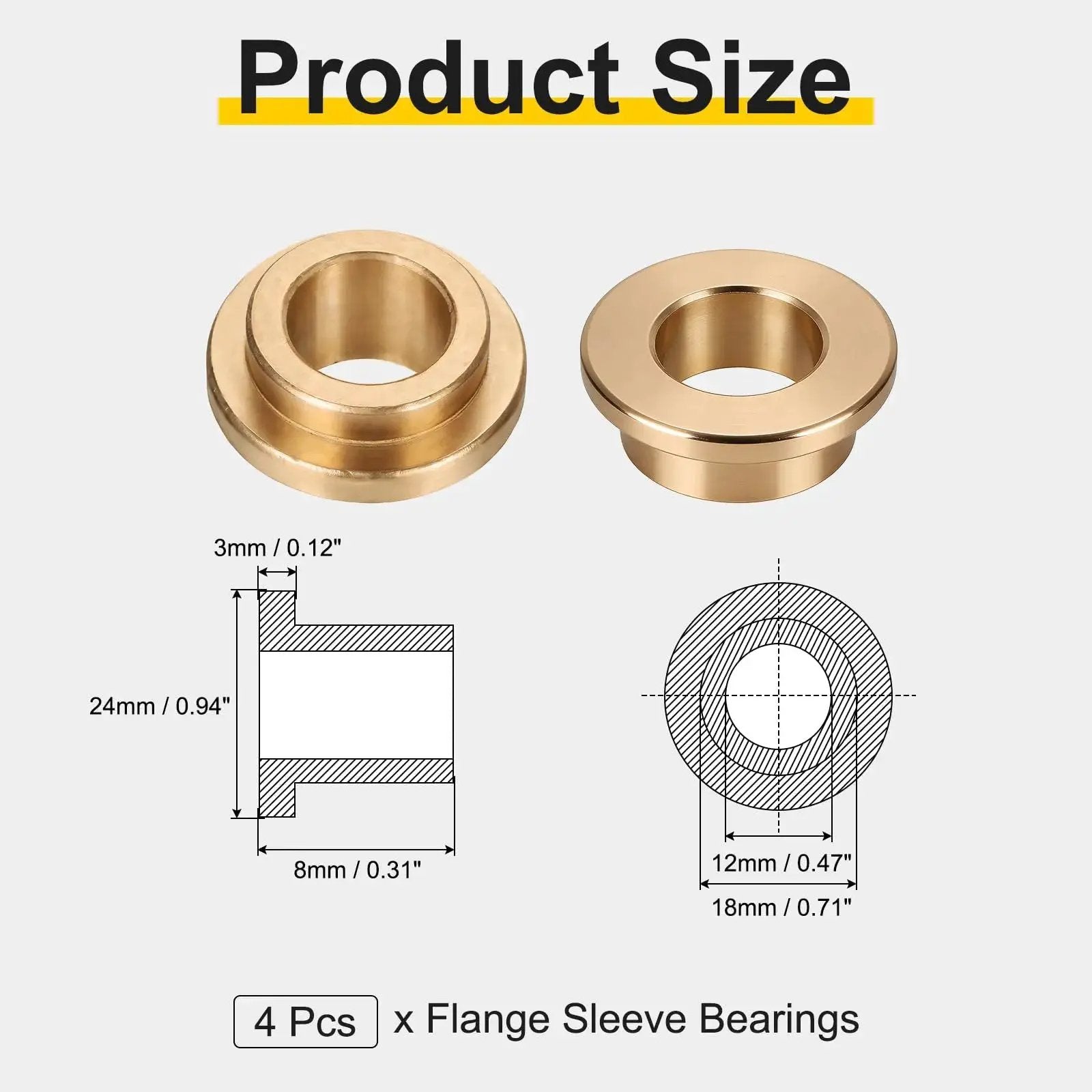 Diagram of Four Piece Flange Sleeve Bearings 12mm Bore 18mm OD 8mm Length Flange Diameter 24mm 3mm Flange Thickness, 4-pack bronze bushings