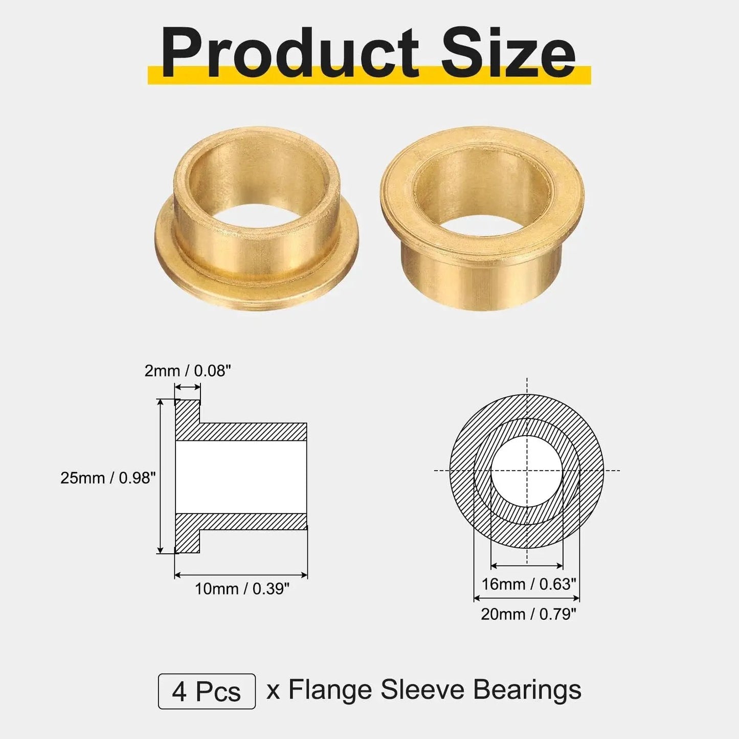 Product size diagram of 4 Piece Sintered Bronze Flange Sleeve Bearings With 16mm Bore 20mm Outer Diameter