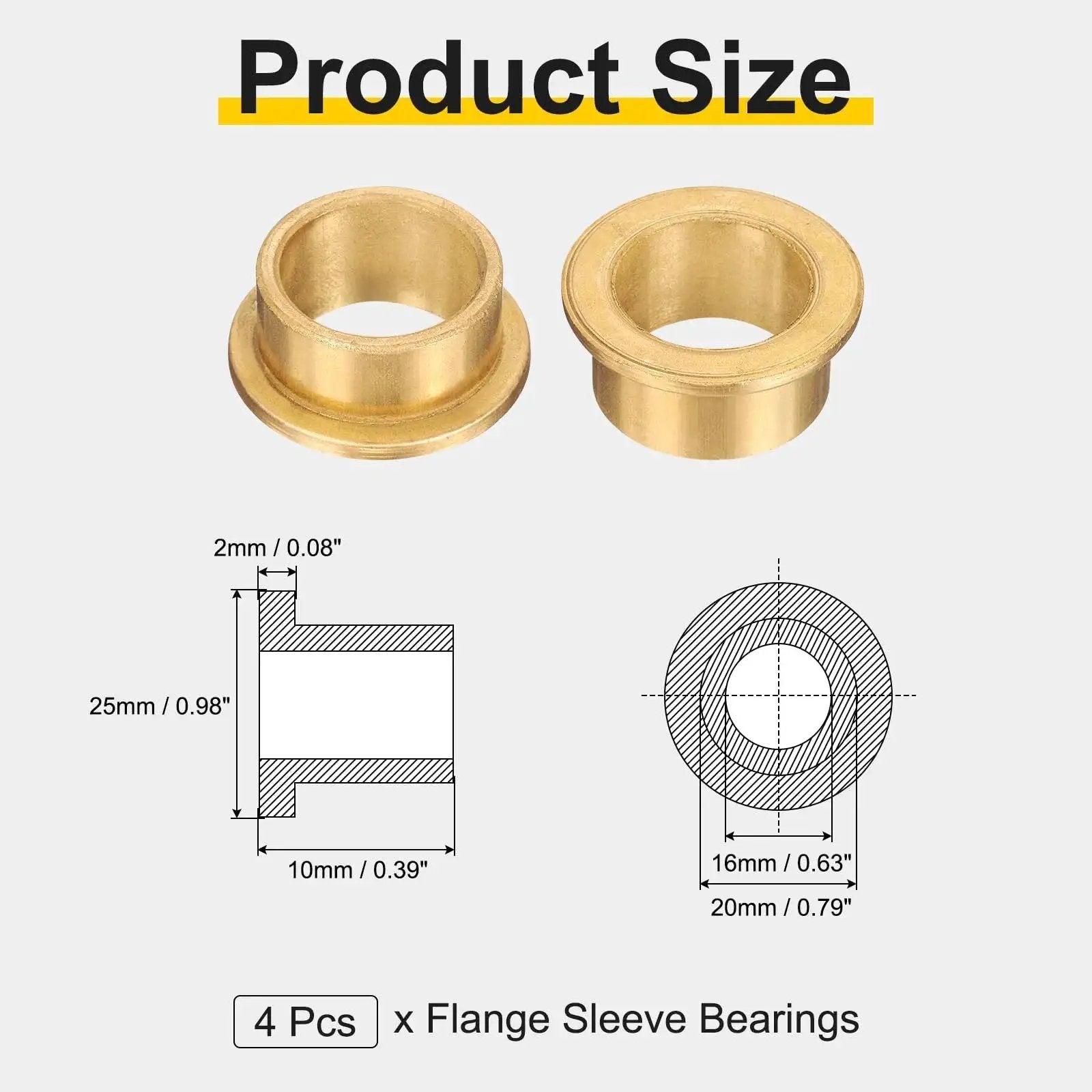 Product size diagram of 4 Piece Sintered Bronze Flange Sleeve Bearings With 16mm Bore 20mm Outer Diameter