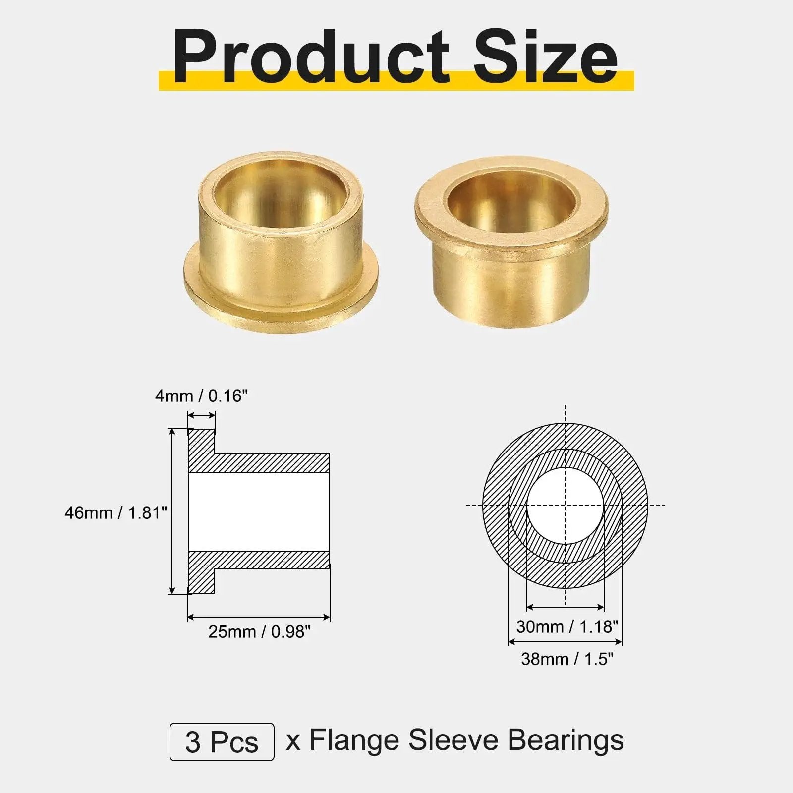 3 Piece Sintered Bronze Flange Sleeve Bearings With 30mm Bore and 38mm Outer Diameter, showing dimensions and design.