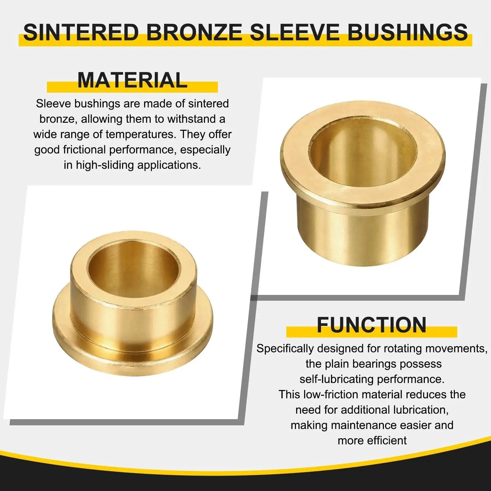 Sintered bronze flange sleeve bushings with material and function details, Six Piece Self Lubricating Flange Sleeve Bearings Set For 10mm Bore 12mm OD And 12mm Length With 18mm Flange Diameter And 1.2mm Flange Thickness In Sintered Bronze For High Load And Low Friction Performance uxcell