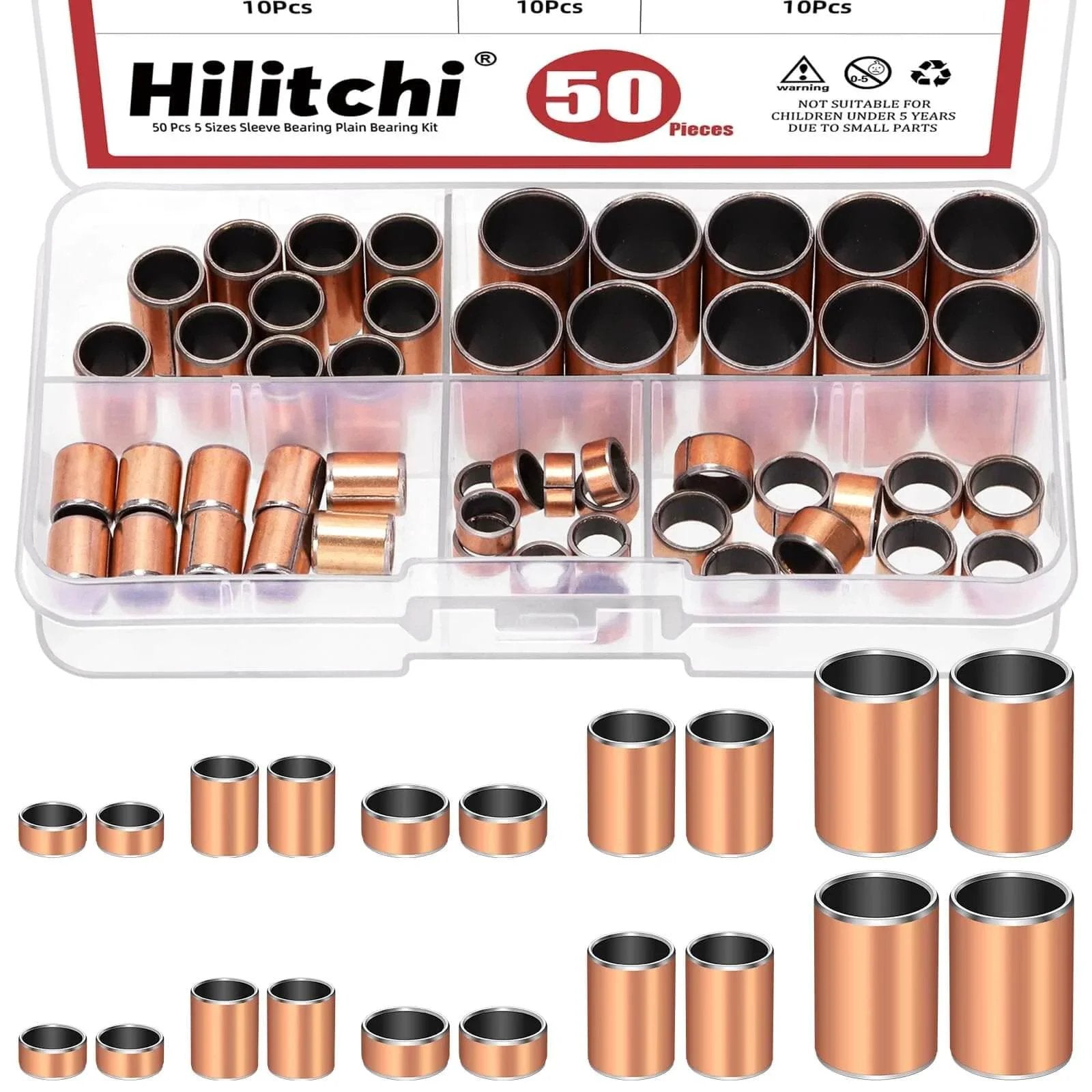 50 Pack Sleeve Bearings Set Five Sizes Oil Free Self Lubricating Sintered Bronze Bushings For Machine Shaft Use With Storage Box