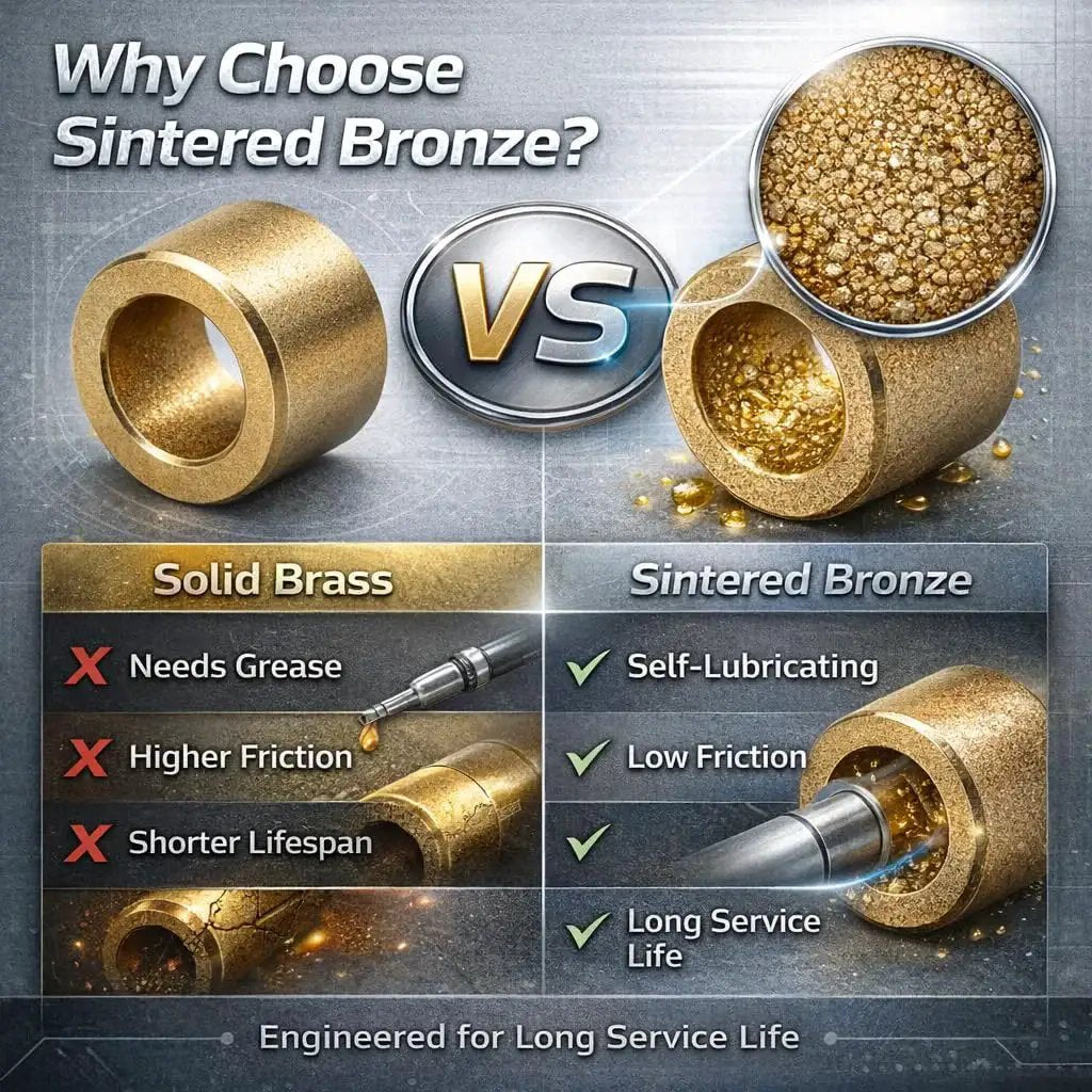 Comparison of solid brass vs sintered bronze sleeve bearings highlighting self-lubricating, low friction features in the sintered bronze.