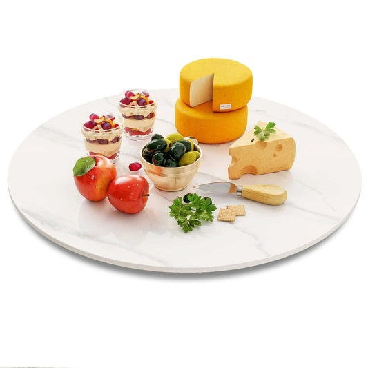23.6 inch sintered stone lazy susan turntable in white, 360 degree silent rotating centerpiece designed for tabletop and pantry use
