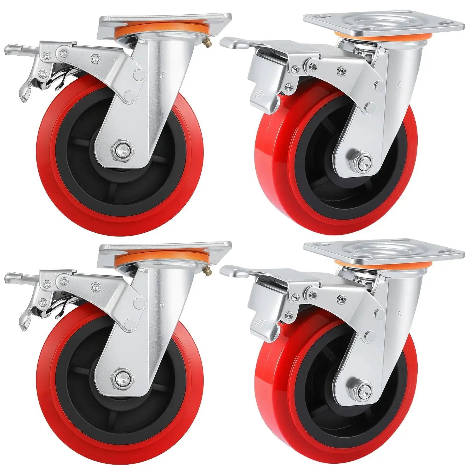 Six Inch Heavy Duty Caster Wheel Set Of Four For Industrial Equipment And Workbenches, Polyurethane Surface TPE Casters With 5000 Lb Load Capacity, Swivel Brake Plate Caster For Carts, Machinery And Heavy Duty Workstations