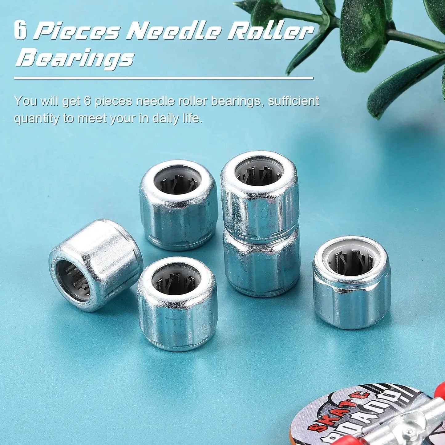 Six Pieces Heavy Duty Needle Roller Bearings 8mm Bore 14mm OD 12mm Width on a blue surface