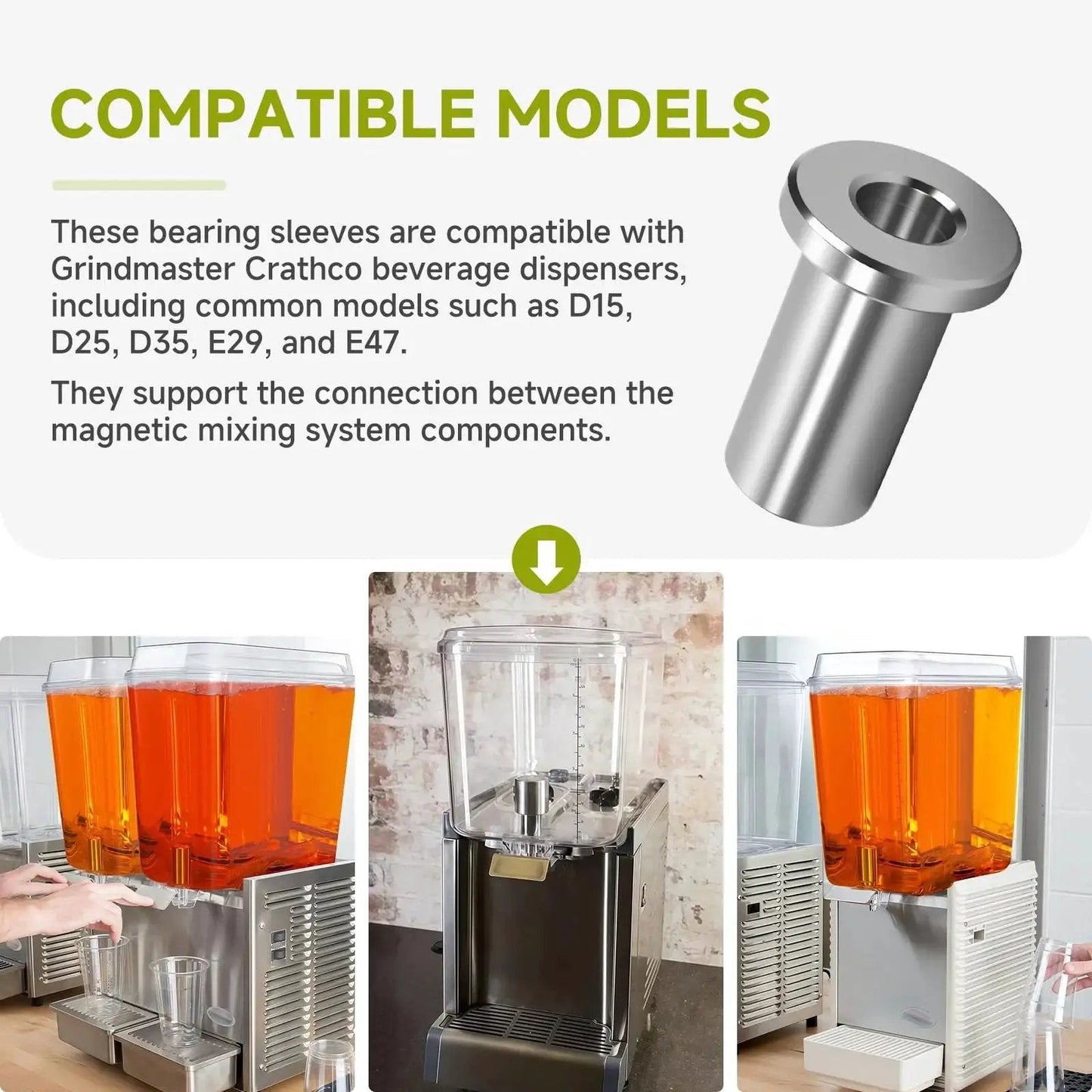 Six Pack 3220 Bearing Sleeves For Grindmaster Crathco Beverage Dispensers Fits Models D15 D25 with images of compatible models.