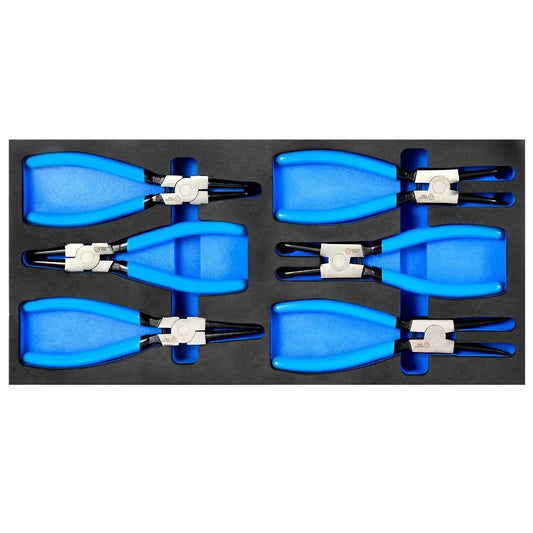 Six Piece 7 Inch Snap Ring Pliers Set With 0 Degree 45 Degree And 90 Degree Angled Jaws For Internal And External Retaining Rings, in tray