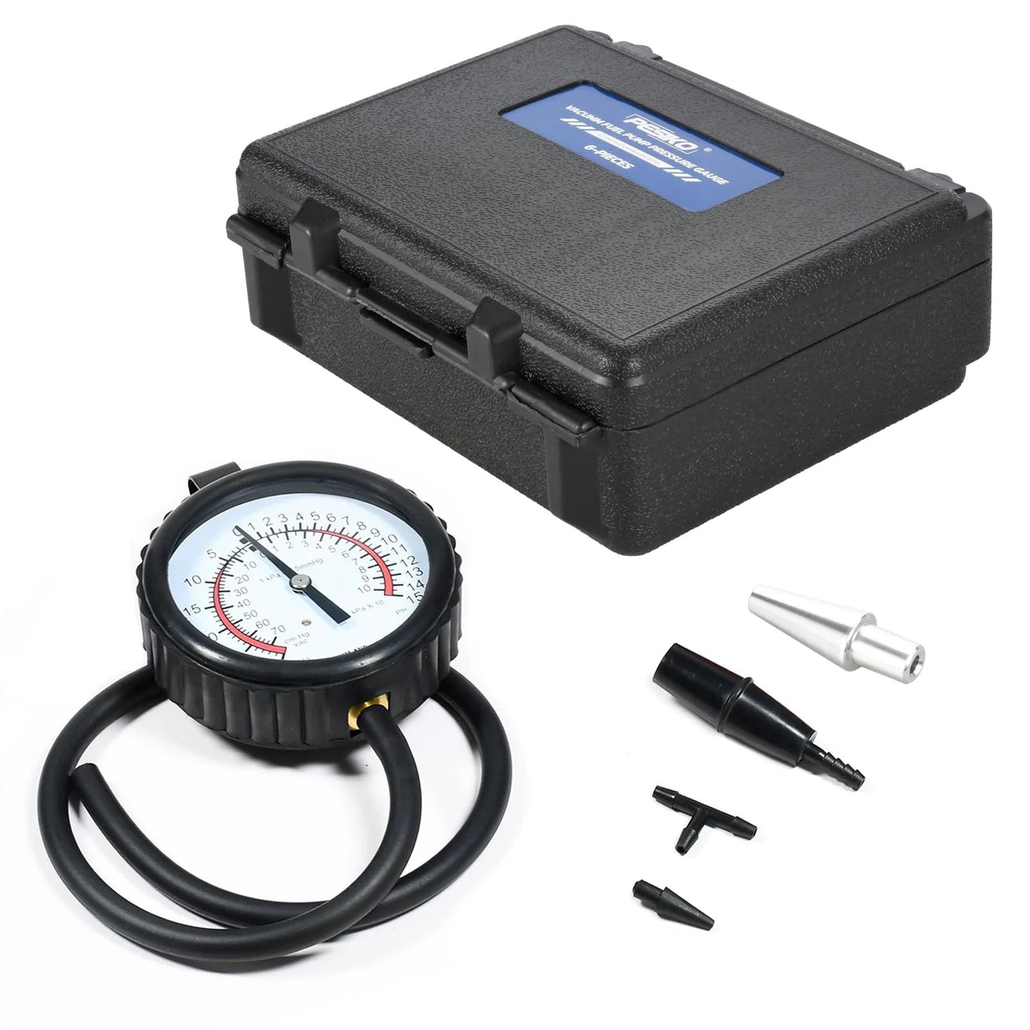Six Piece Vacuum Pressure Gauge Kit For Carburetors And Vacuum Systems That Doubles As A Fuel Pump Gauge Tester For Cars And Motorcycles Includes Multi Size Adapters For Easy Diagnostics in a black case with gauge and accessories.