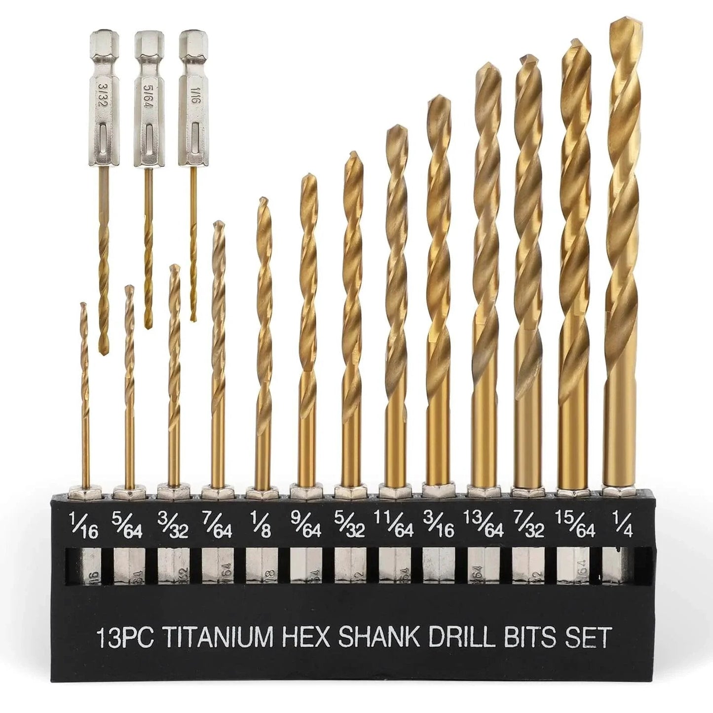 Sixteen Piece Titanium Coated HSS Drill Bit Set With Hex Shank For Wood Plastic Aluminum Sixteenth To Quarter Inch arranged upright