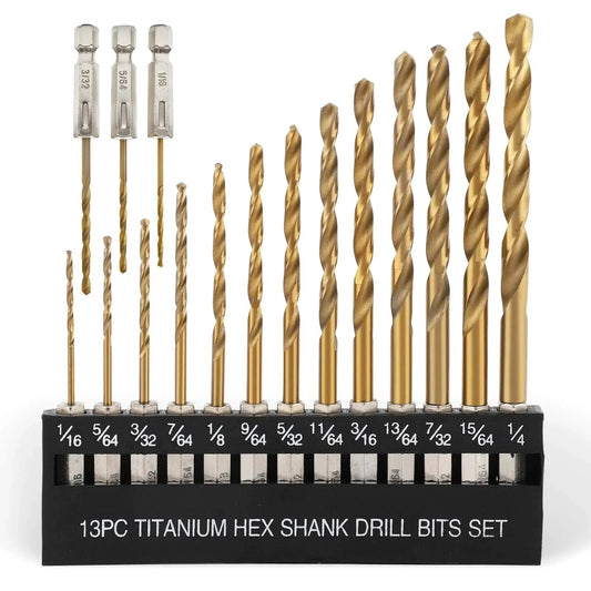 Sixteen Piece Titanium Coated HSS Drill Bit Set With Hex Shank For Wood Plastic Aluminum Sixteenth To Quarter Inch arranged upright