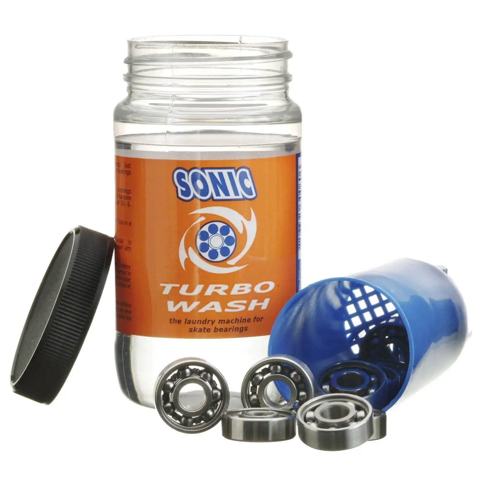 Complete Pro Grade Skate Bearing Cleaning Kit With 8 Oz Citrus Cleaner includes jar, bearings, and wash container
