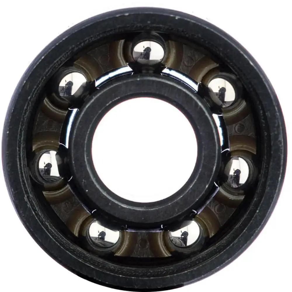 Close-up of a High Performance Skate Bearing with diamond polished raceways, USA-made, for smooth spins with Stackz Graphflo lubricant.