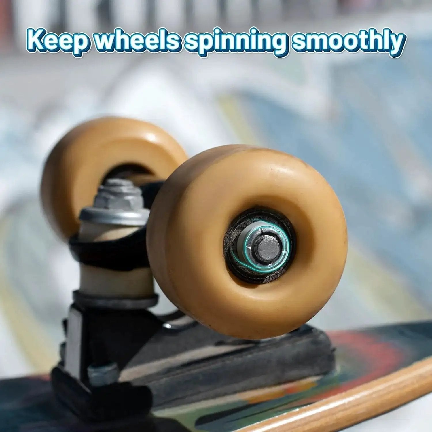 Close-up of skateboard wheel with 50 Pcs Skate Spacer Set Aluminum Wheel Bearing Spacers and Speed Rings, improving performance.