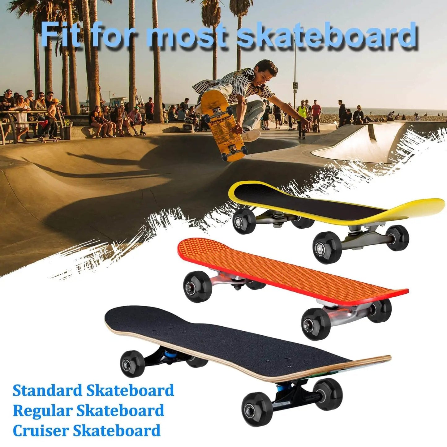 Skateboarder at park with three different skateboards: standard, regular, cruiser.