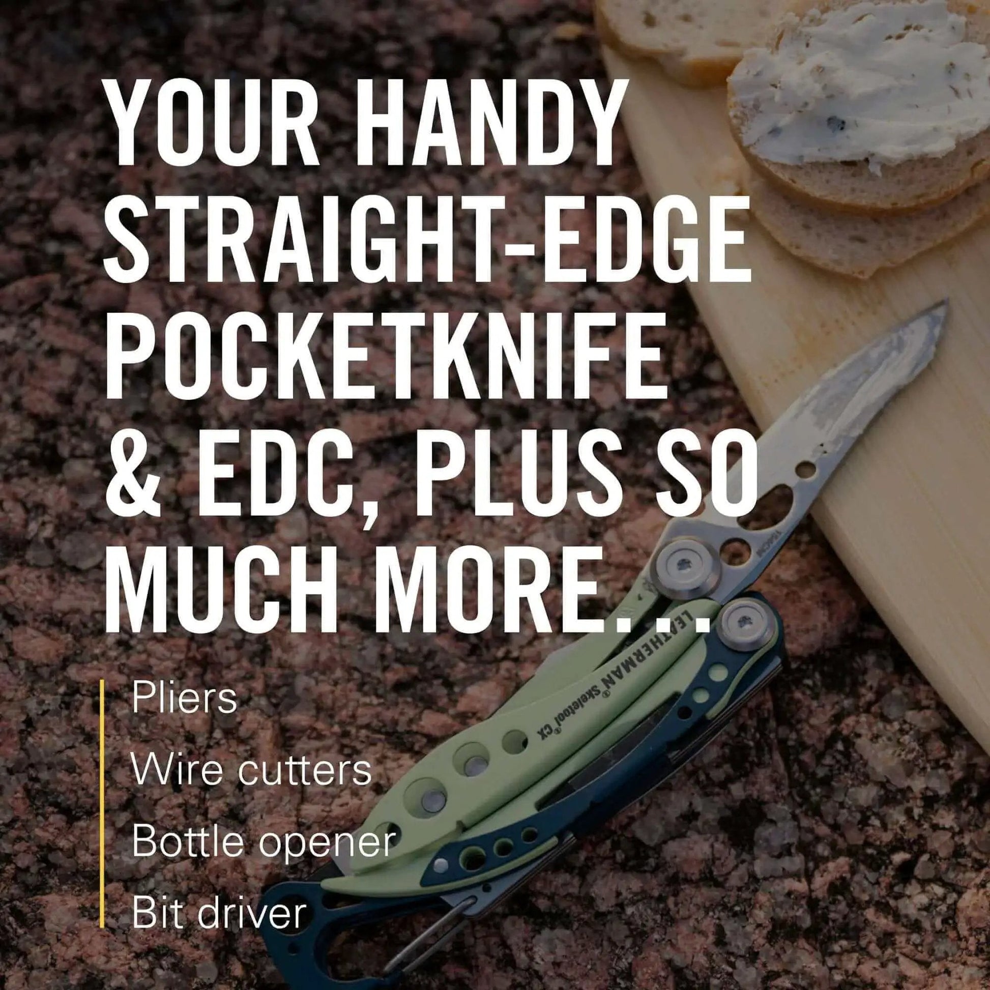 Leatherman Skeletool CX 7-In-1 Lightweight Minimalist Multi-Tool For Everyday Carry EDC on rock surface with knife blade open