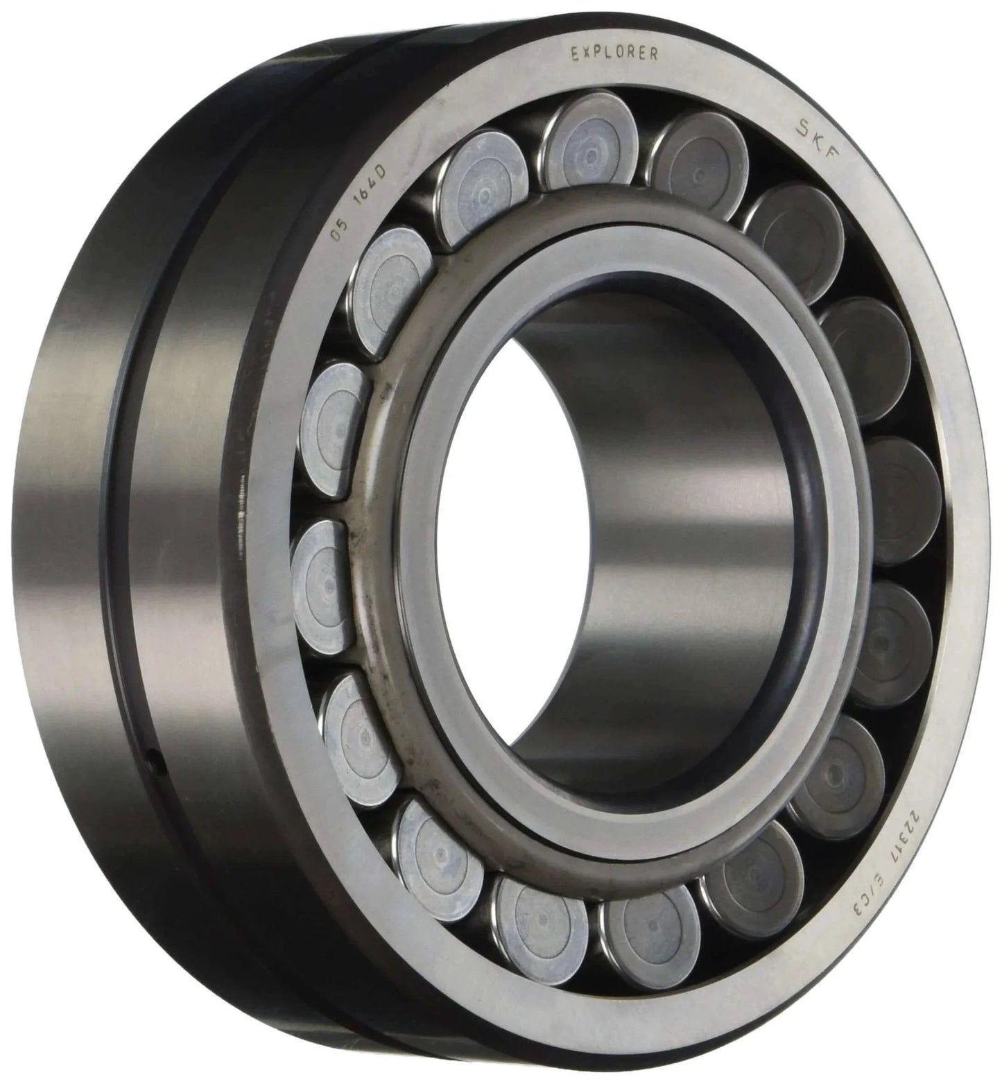 SKF 21307 CC/C3 Spherical Radial Bearing with Straight Bore and Steel Cage, side view showing axially symmetric races.