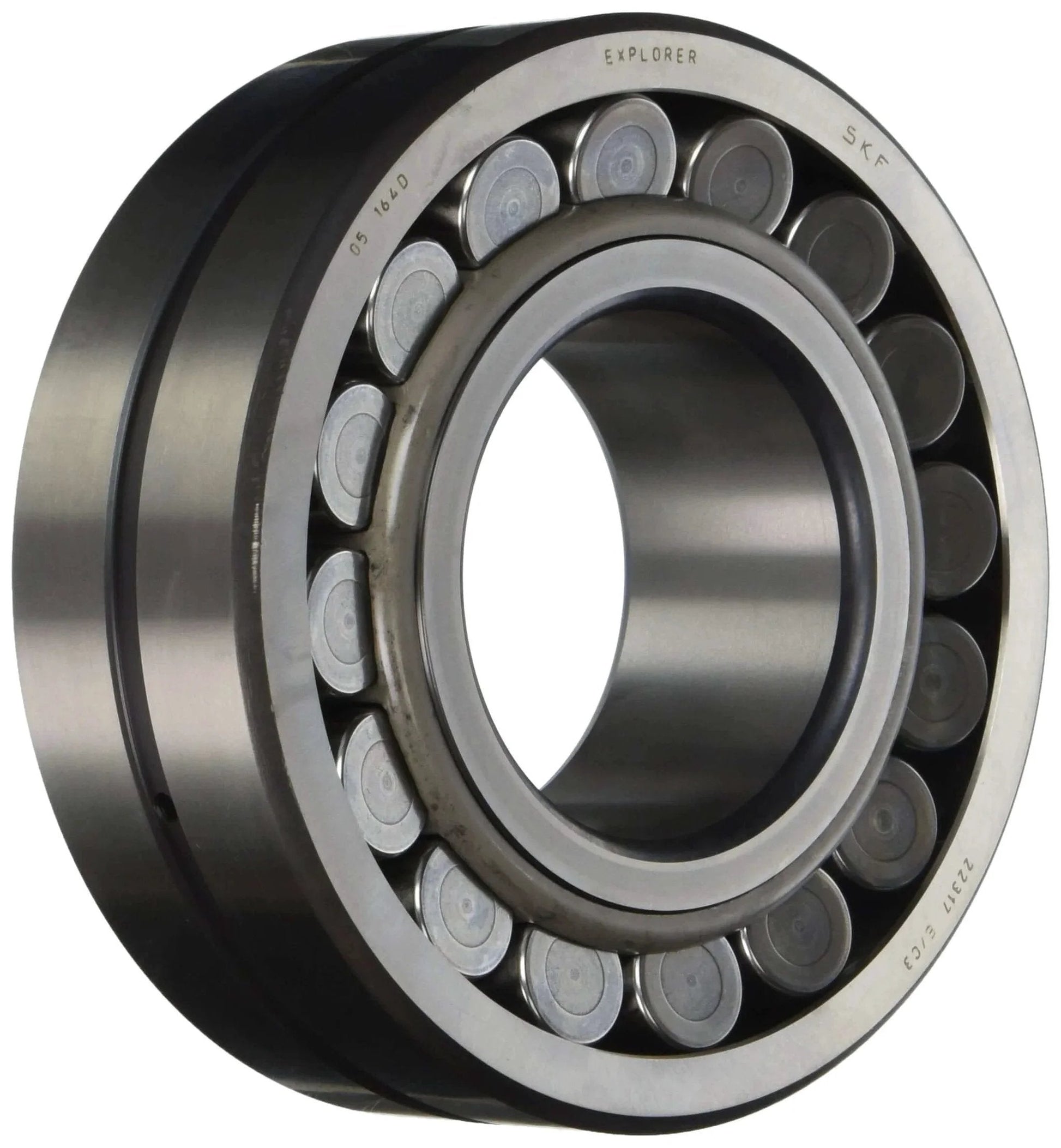 SKF 21307 CC/C3 Spherical Radial Bearing with Straight Bore and Steel Cage, side view showing axially symmetric races.