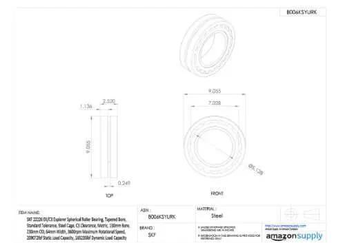 Technical drawing of SKF 22310 EK C3 Explorer Spherical Roller Bearing, 50mm bore, 110mm OD, steel cage, with labeled dimensions.