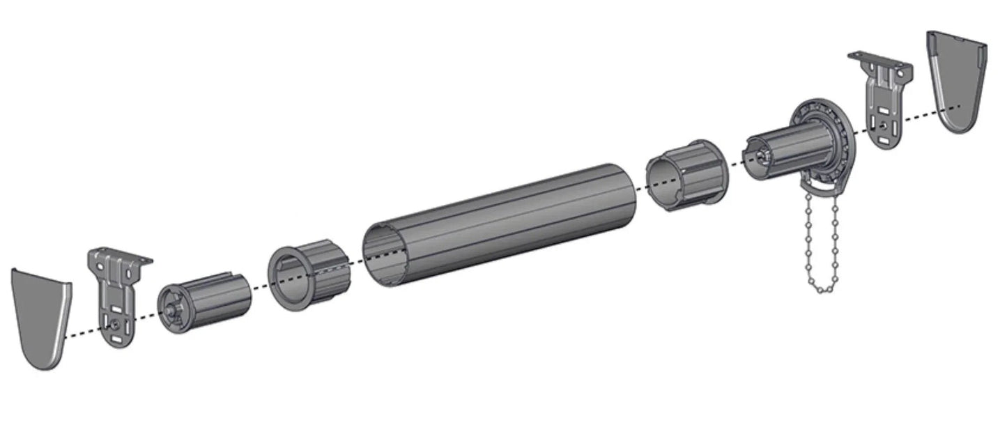 Exploded view of Skyline SL15 Roller Shade Clutch #SL15H01W for 1-1/8" tube, components and assembly layout