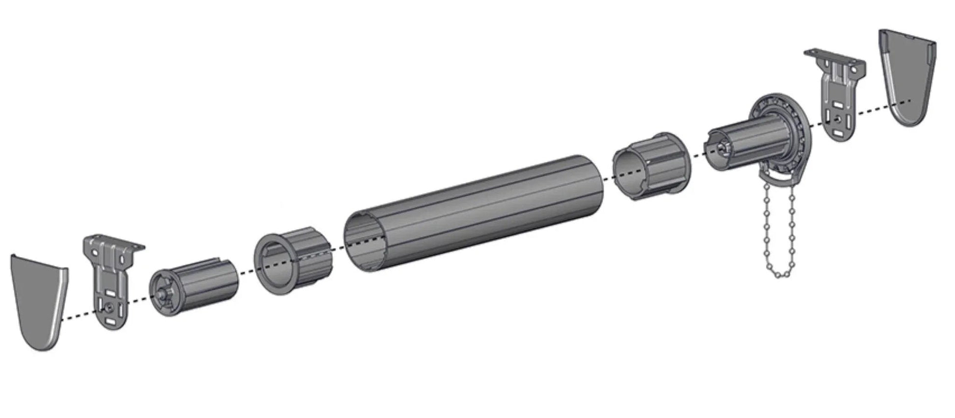 Exploded view of Skyline SL15 Roller Shade Clutch #SL15H01W for 1-1/8" tube, components and assembly layout