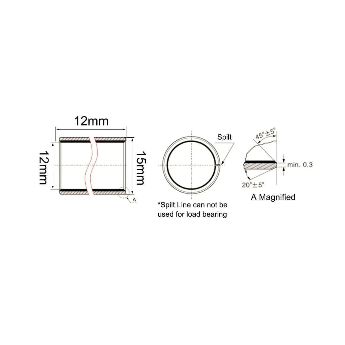 Technical drawing of Sleeve Bearing 12mm Bore 15mm OD 12mm Length Oilless Bronze Sintered Coated Plain Bearings Pack Of 5