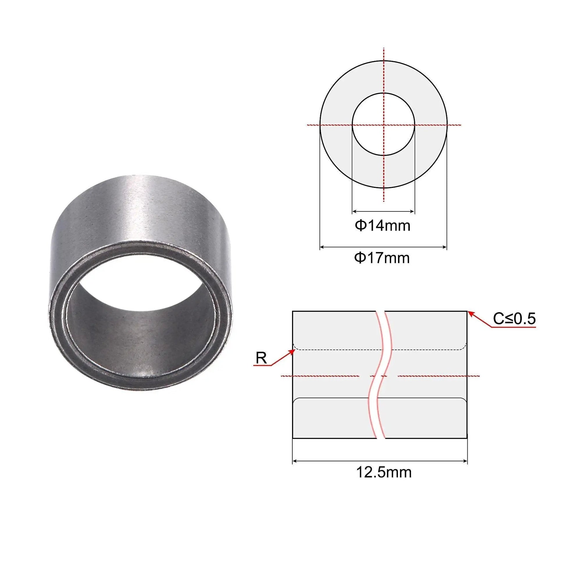 Sleeve Bearings 14mm Bore 17mm Outer Diameter 12.5mm Length Sintered Iron Self Lubricating Bushings illustration and side view