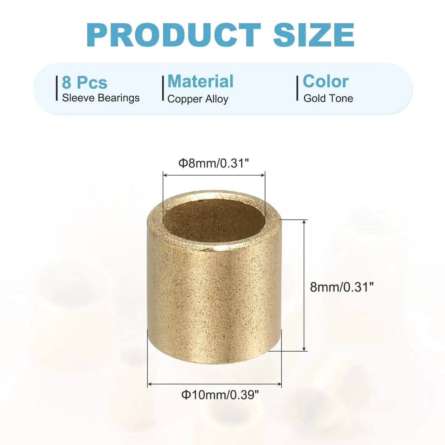Sleeve Bearings 8mm Bore 10mm Outer Diameter 8mm Length Self Lubricating Cast Brass Bushing Pack of 8 Gold Tone