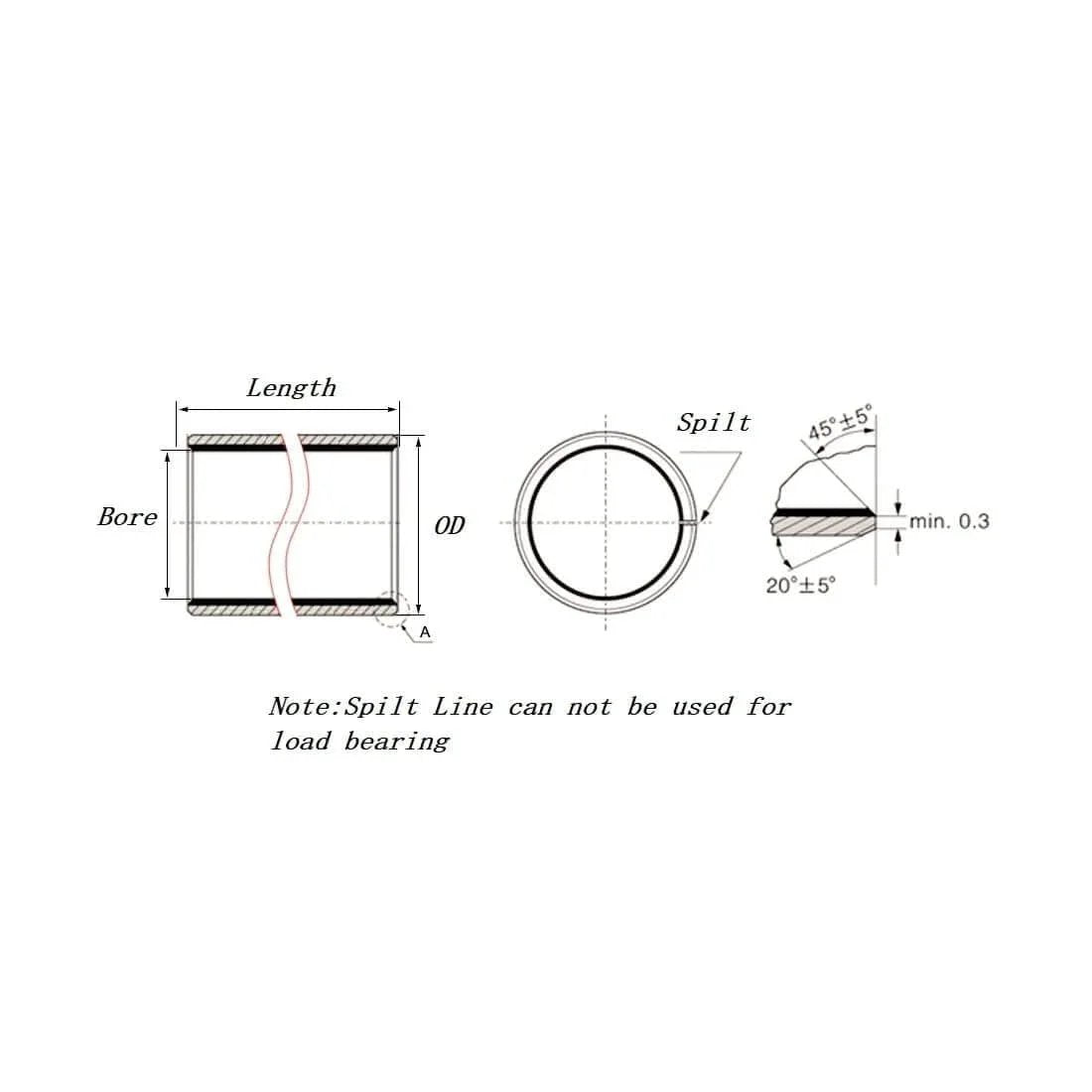 Technical diagram of 10 Pcs Sleeve Bearing 5mm Bore 7mm OD 8mm Length Oilless Wrapped Bronze Sintered Bushing, showing dimensions and split line.