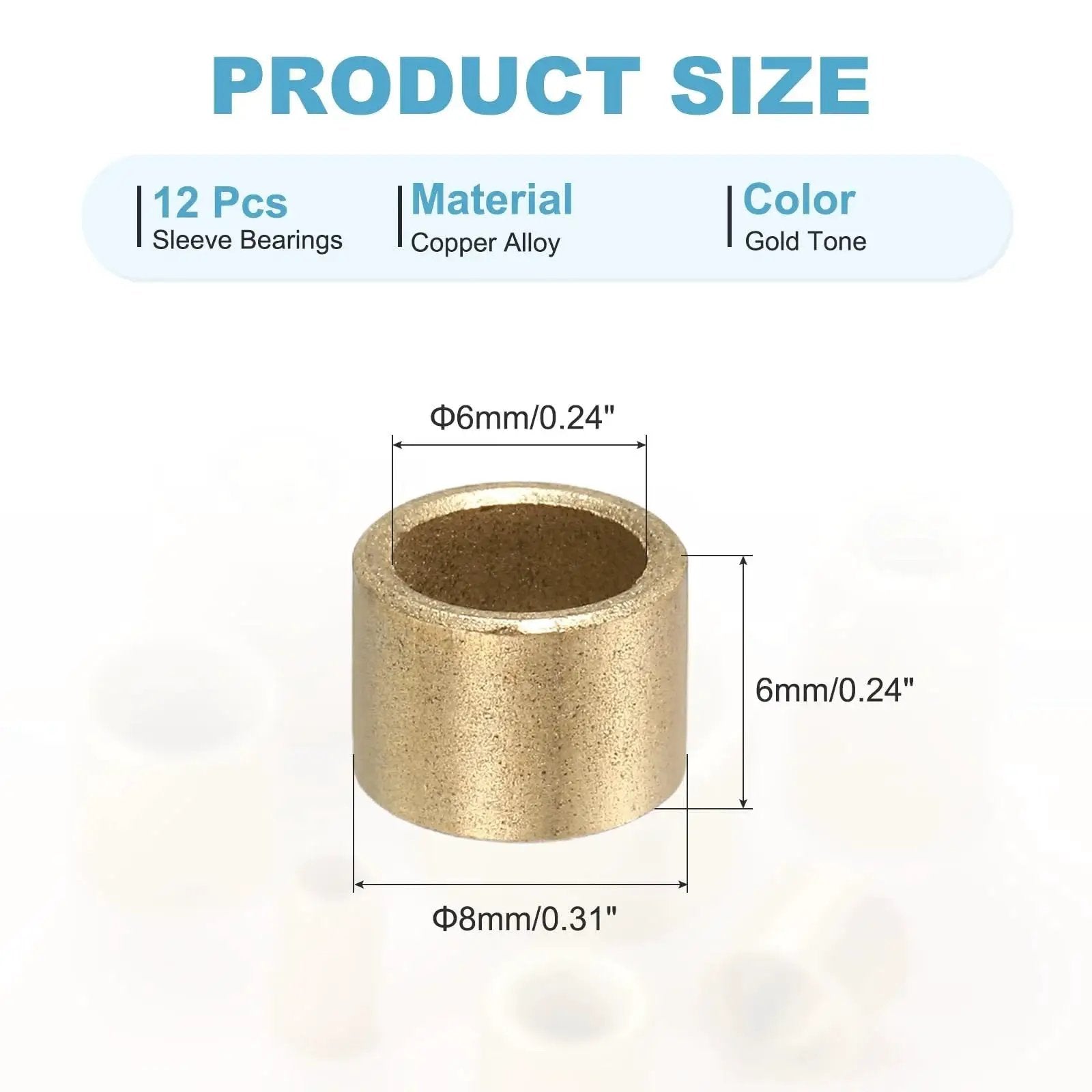 Self Lubricating Cast Brass Sleeve Bearings 6mm Bore 8mm OD 6mm Length Pack of 12 gold tone product dimensions