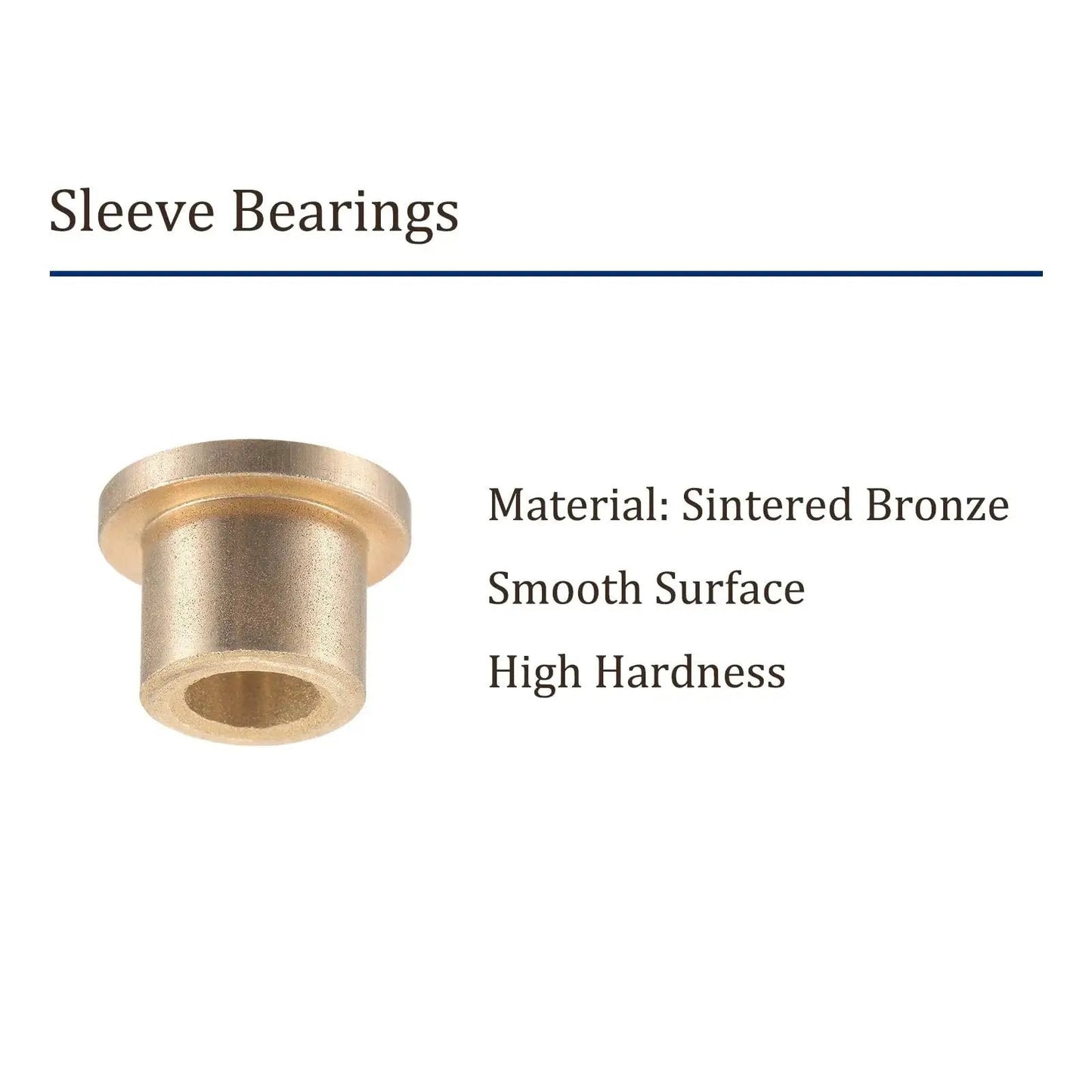 Single view of sintered bronze sleeve bearing, highlighting smooth surface and high hardness for linear motion, part of 4 pack flange sleeve bearings sintered bronze self lubricating bushings with 6mm bore 10mm outer diameter 10mm length and 2mm flange thickness for low friction linear motion in machinery.