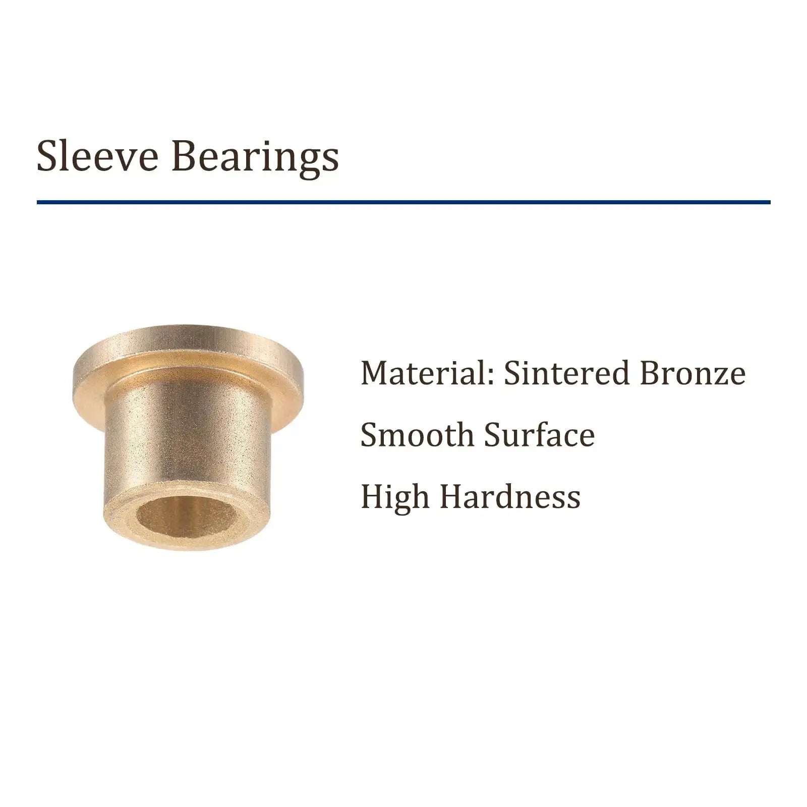 Single view of sintered bronze sleeve bearing, highlighting smooth surface and high hardness for linear motion, part of 4 pack flange sleeve bearings sintered bronze self lubricating bushings with 6mm bore 10mm outer diameter 10mm length and 2mm flange thickness for low friction linear motion in machinery.