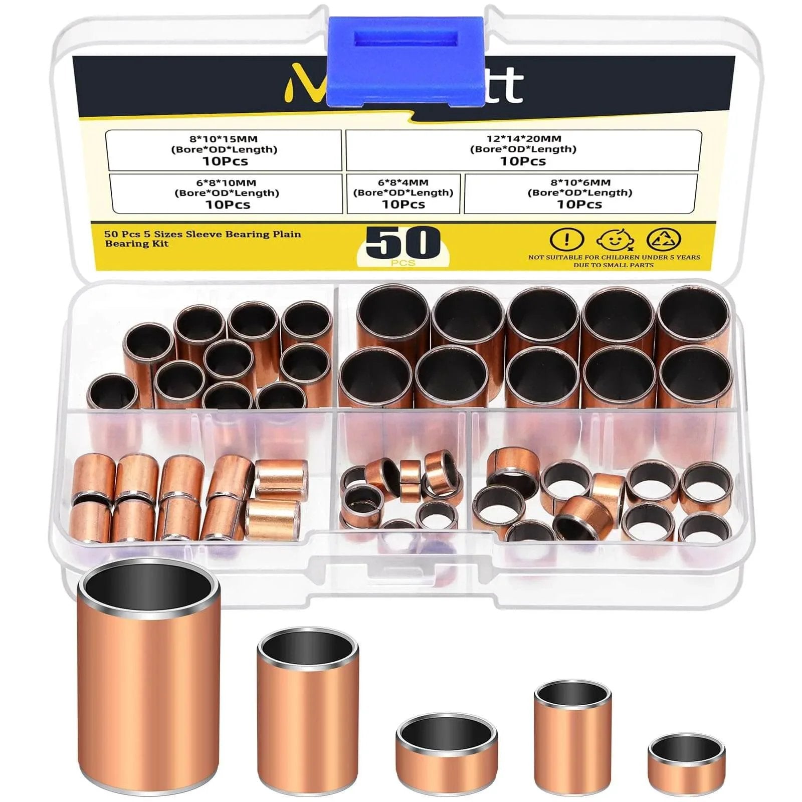 Open kit displaying 50 Pcs Sleeve Bearings Assortment Kit In 5 Sizes Bore X OD X Length 6x8x4mm 6x8x10mm 8x10x6mm 8x10x15mm 12x14x20mm