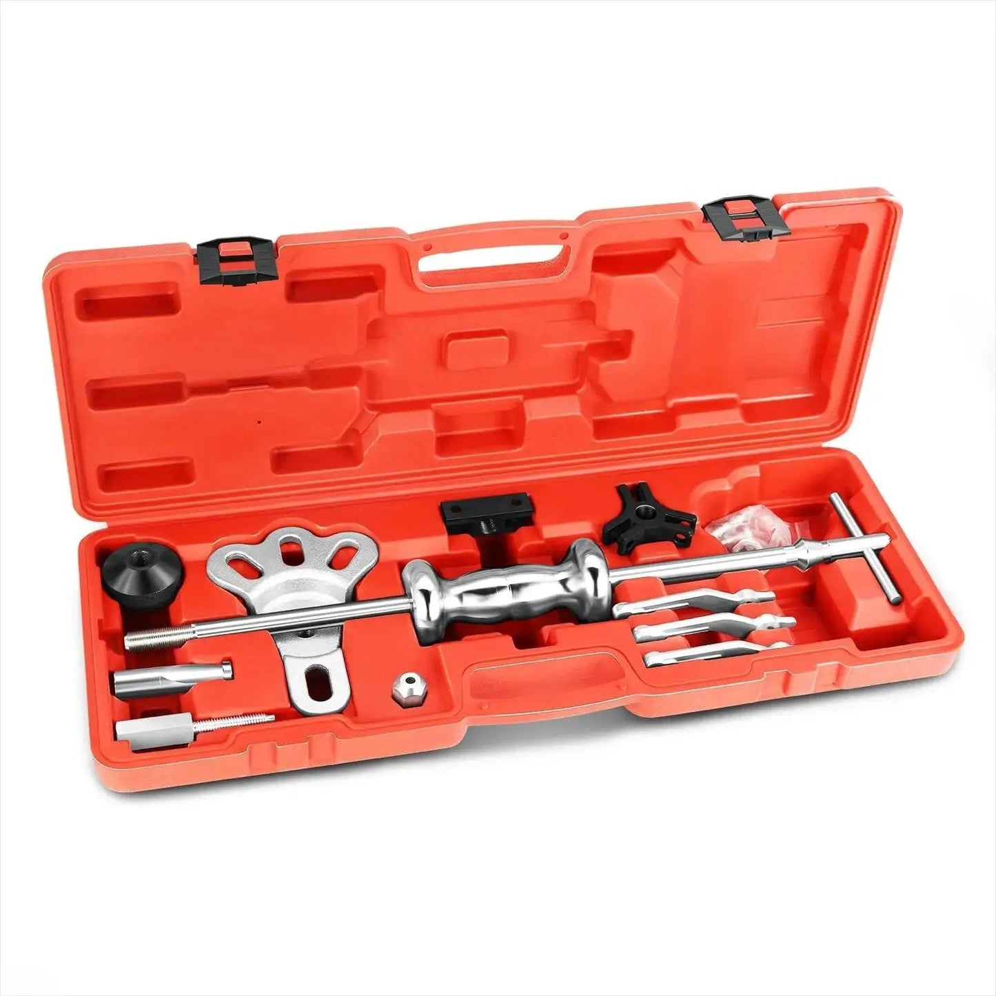 8-Way Slide Hammer Dent Puller Set with 5 lb hammer for auto body repair, shown in open orange carrying case with 13-piece tools.