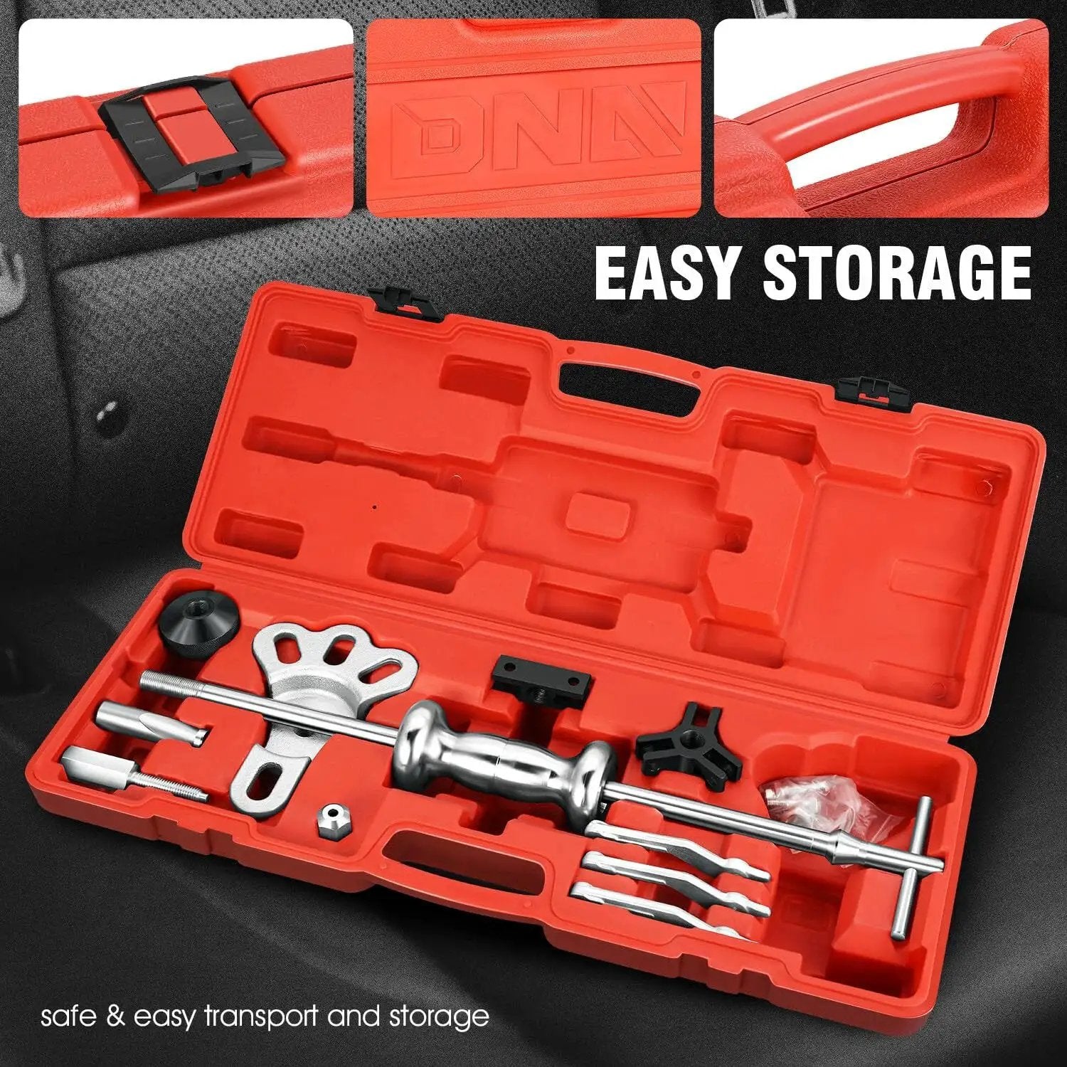 8-Way Slide Hammer Dent Puller Set With 5 Lb Hammer Auto Body Repair Kit in red carrying case