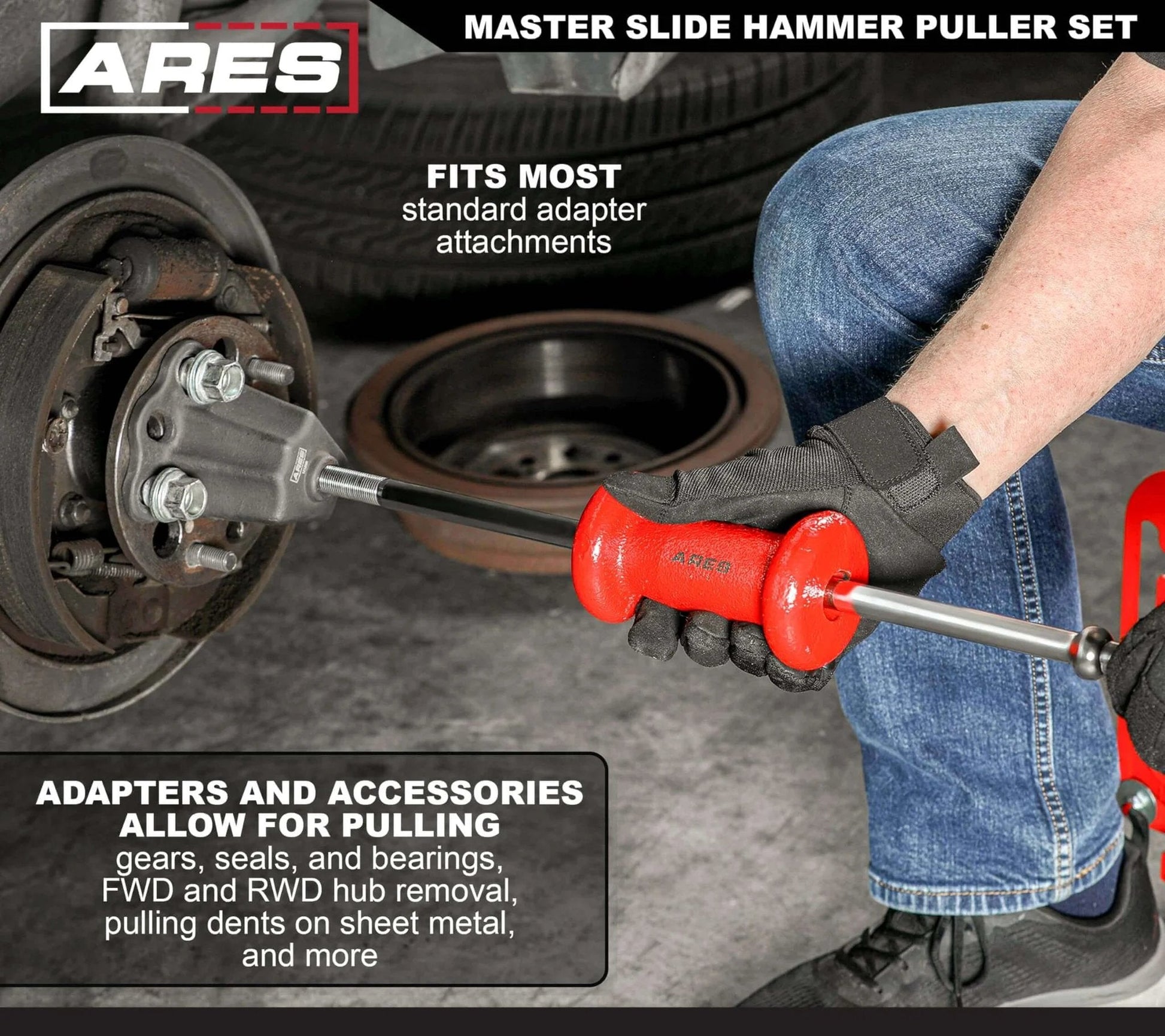 Mechanic using Master Slide Hammer Puller Set – 10-Way Slide Hammer Puller Set Includes 3-Piece Rear Axle Bearing Puller Kit on vehicle wheel