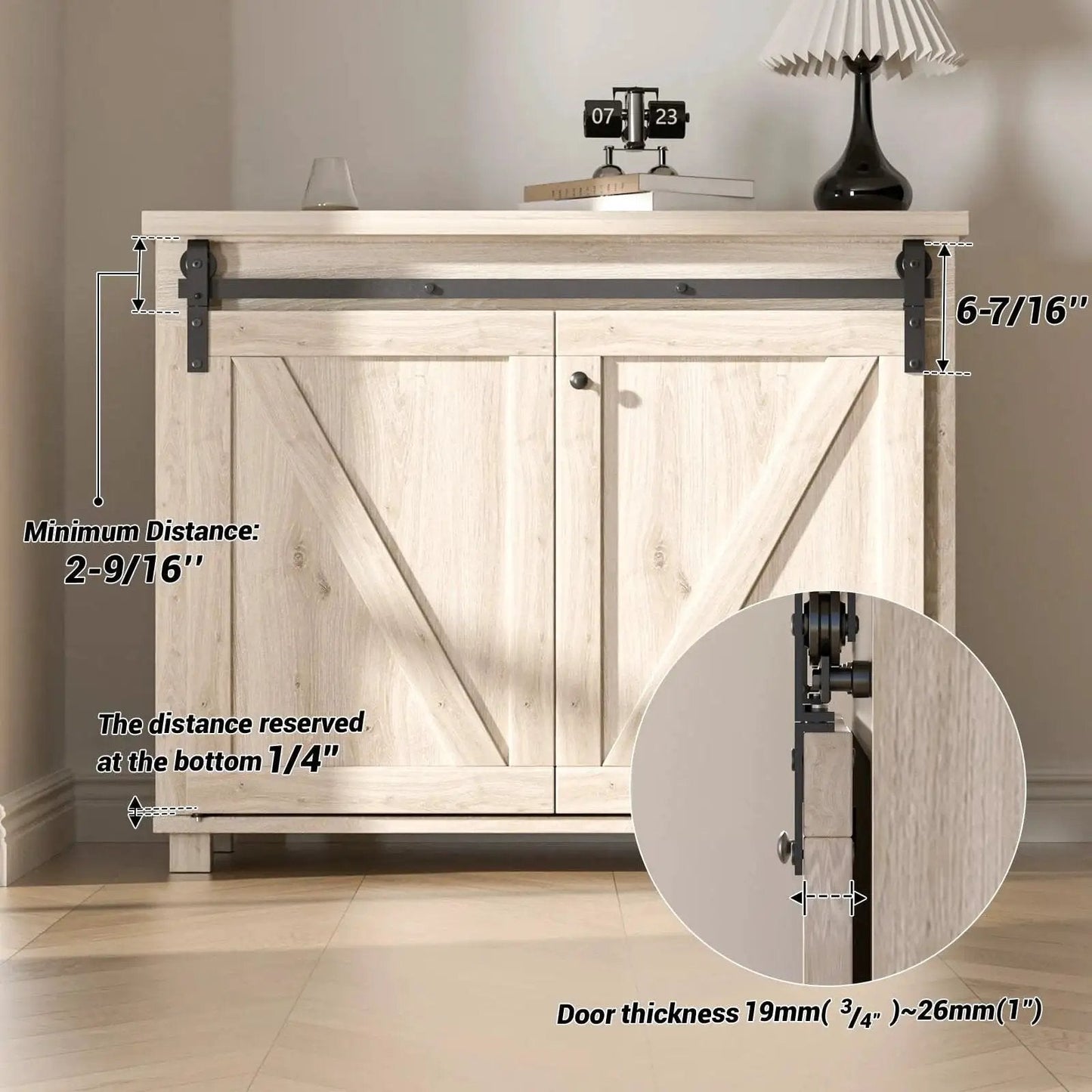 Mini Bifold Barn Door Hardware Kit 30 Inch Sliding Track for Closet Cabinet installed on wooden cabinet, side view.