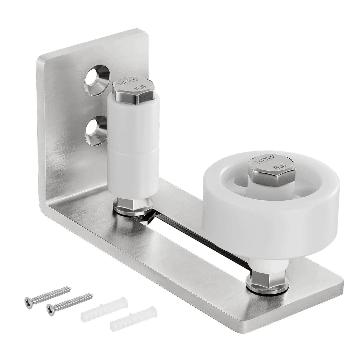 Sliding Barn Door Floor Guide With Bottom Adjustable Roller 8 Setup Options for DIYers, brushed nickel, flush design, hardware included