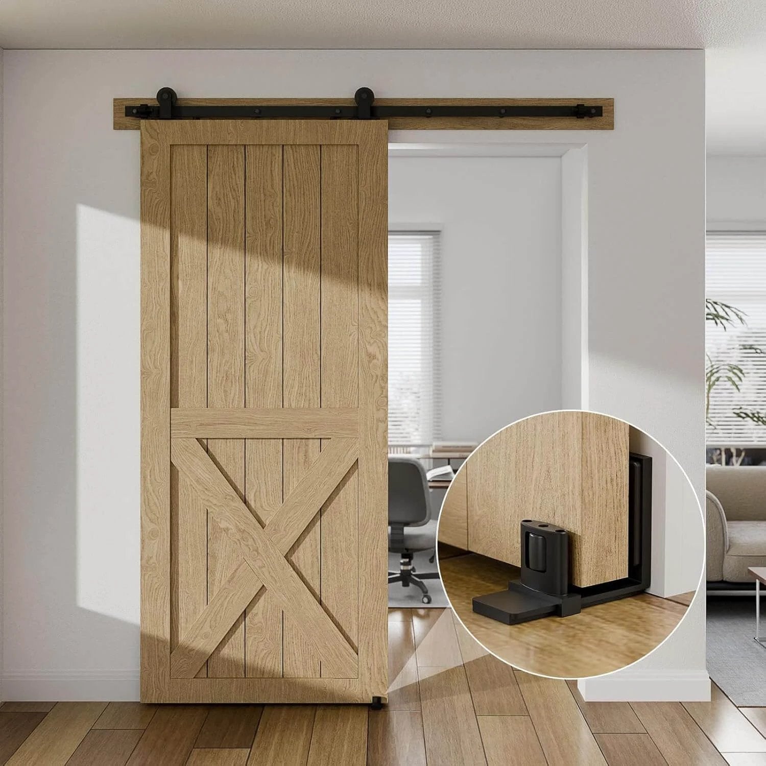 Sliding barn door bottom floor guide with adjustable U shape, flush wall mounted design, dual concealed pulleys for smooth sliding