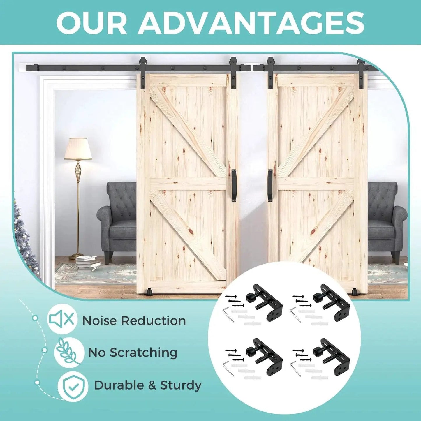 4 Pack Sliding Barn Door Floor Guides With Adjustable Rollers Flush Flat Bottom Design Solid Steel Construction Matte Black Finish Rust Resistant And Durable Hardware For Quiet Smooth Door Operation And Safe Tracking, installed on double wooden doors.